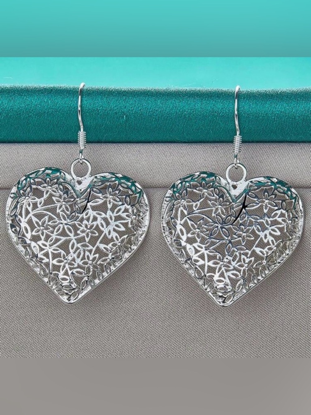 Silver Tone Filigree Heart Earrings - Picture 3 of 3